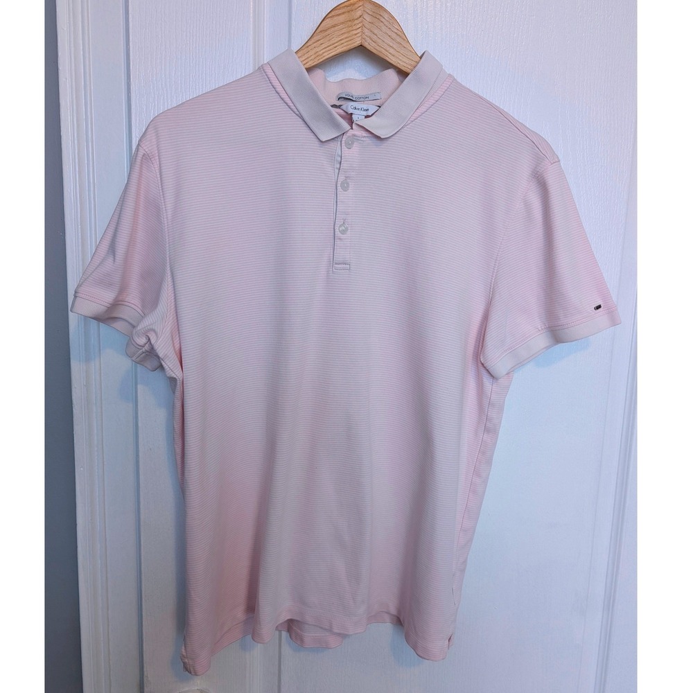 Calvin Klein Mens Liquid Cotton Polo Shirt Pink White Stripe Short Sleeve Large